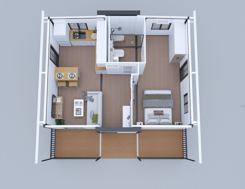 EcoPod Structures - Muskoka - 20 x 23 Expandable Pod - Interior Layout Drawing